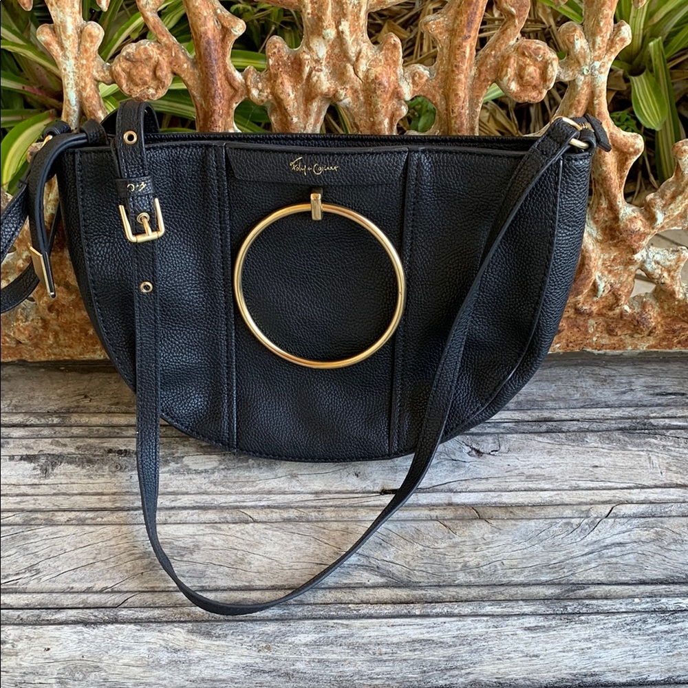 Foley + Corinna Black Leather Shoulder Bag with Gold Accents